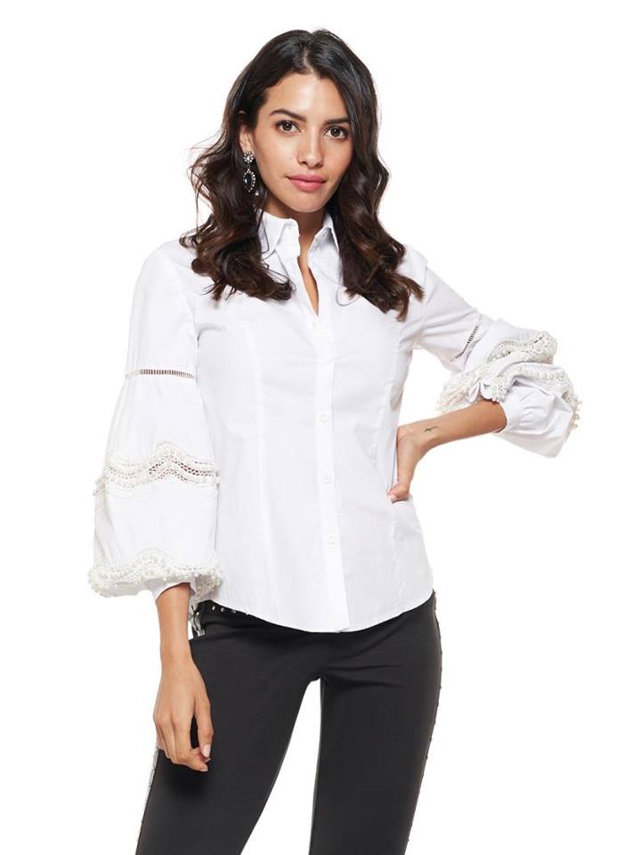 PEARL EMBELLISHED BELL SLEEVE SHIRT